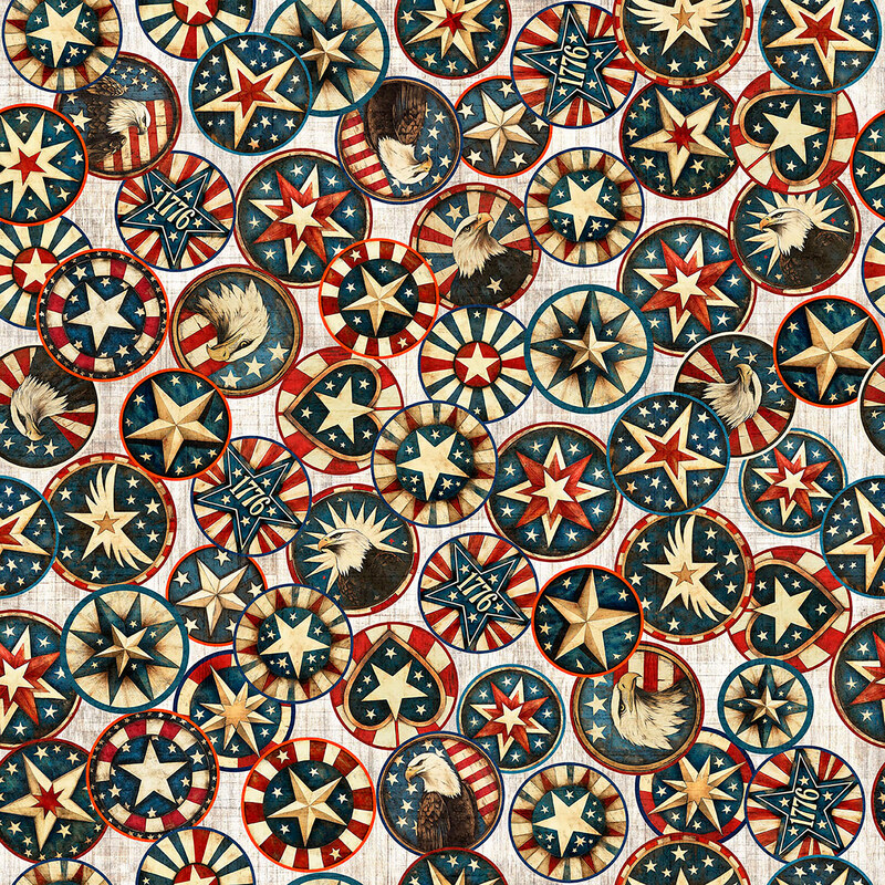 This white fabric features emblems of patriotic motifs. 