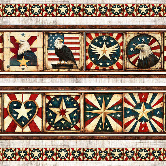 This rustic multi colored border stripe fabric features rows of eagles and patriotic motifs. 
