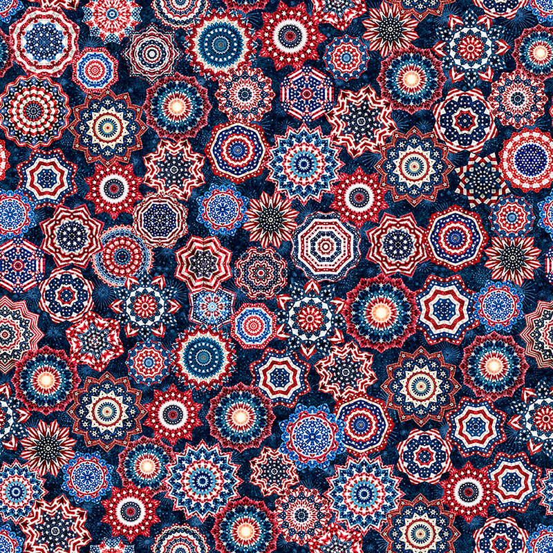 This navy blue fabric features abstract patriotic motifs. 