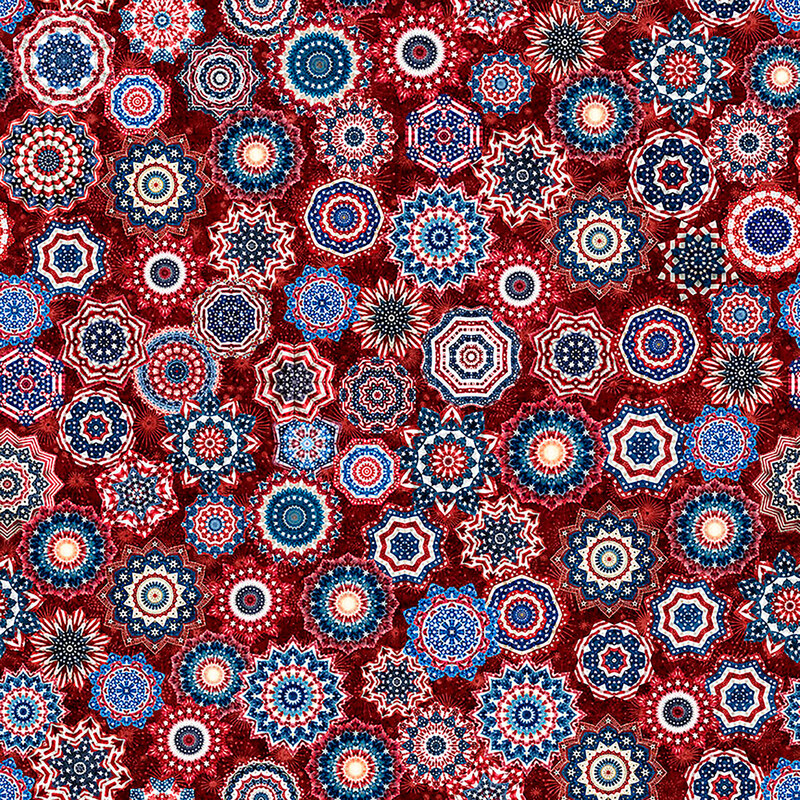 This dark red fabric features abstract patriotic motifs. 