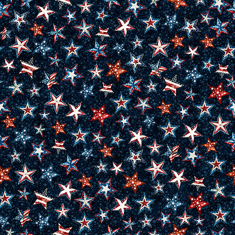 This rustic navy blue fabric features a variety of red, white, and blue stars. 