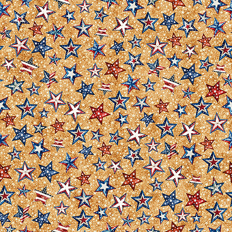 This rustic light ginger brown fabric features a variety of red, white, and blue stars. 