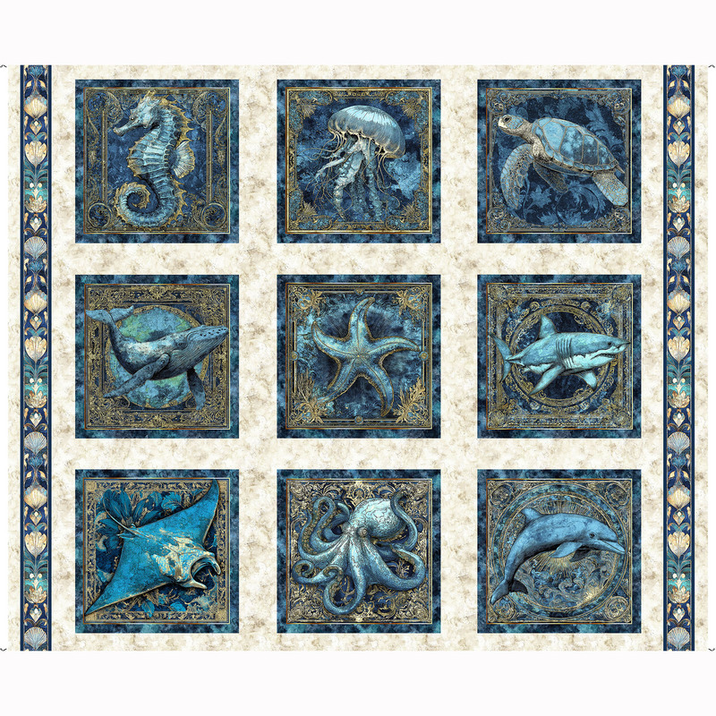 A mottled cream fabric panel with 9 ocean animals. 