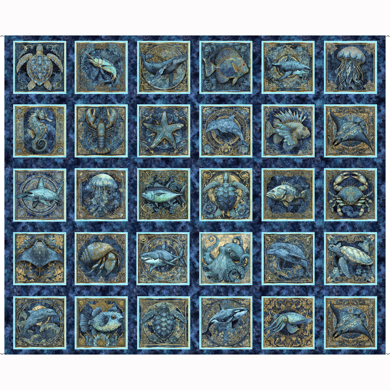 A mottled deep sapphire fabric panel with 30 squares of sea life. 