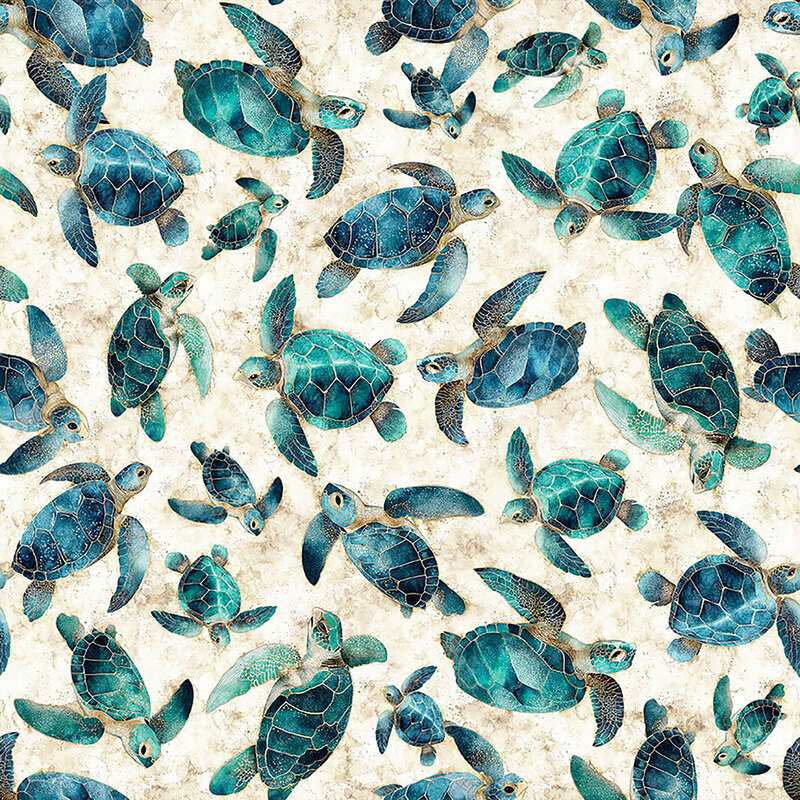 A cream fabric with tossed cerulean sea turtles. 