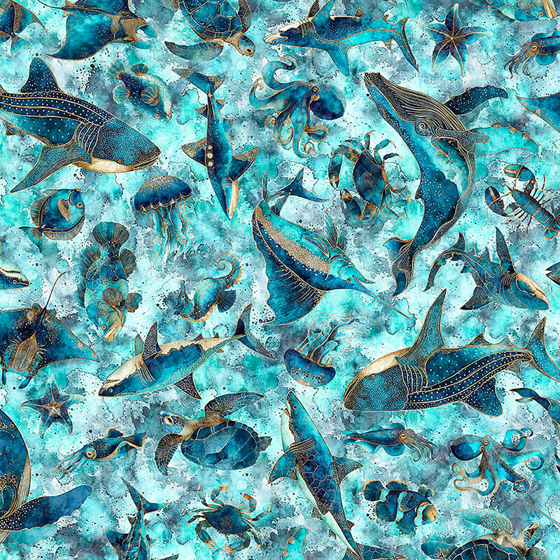 A mottled aquamarine fabric with tossed cerulean sea life.
