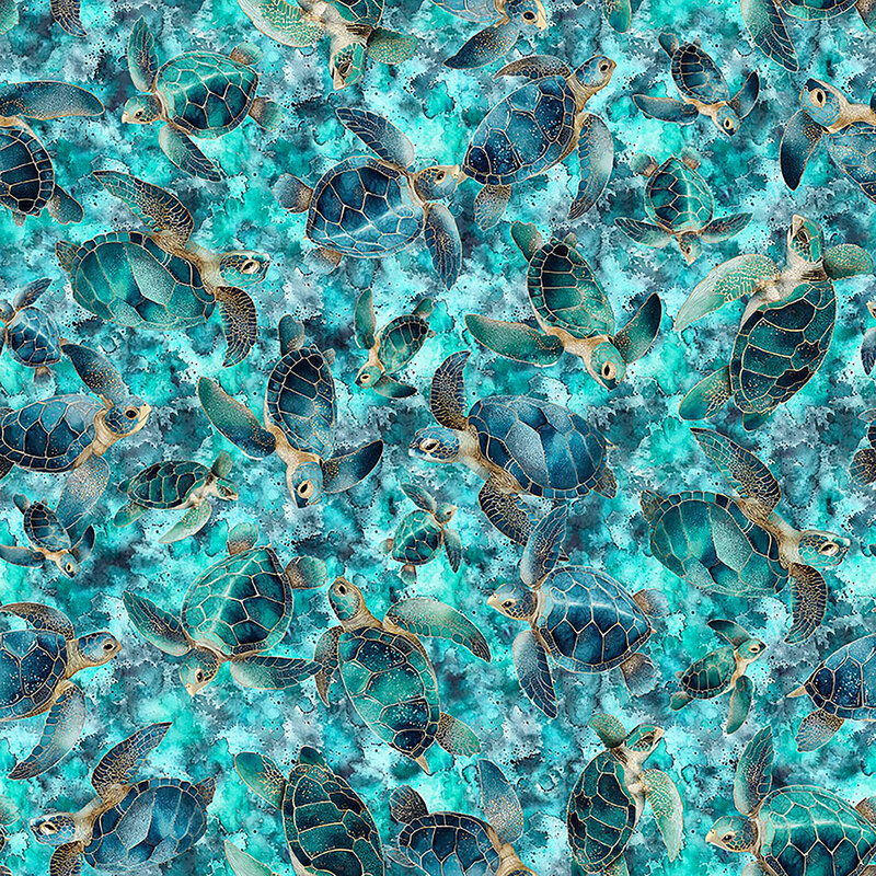 An aquamarine fabric with tossed cerulean sea turtles. 