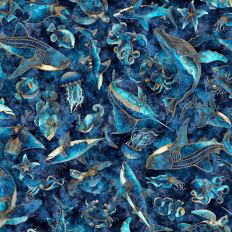 A mottled deep sapphire fabric with tossed cerulean sea life.