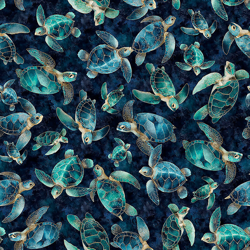 A mottled indigo blue fabric with tossed cerulean sea turtles