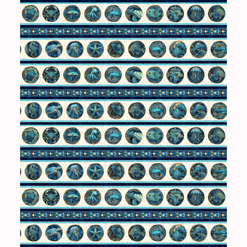 A cream border stripe with circles and stripes of sea life. 