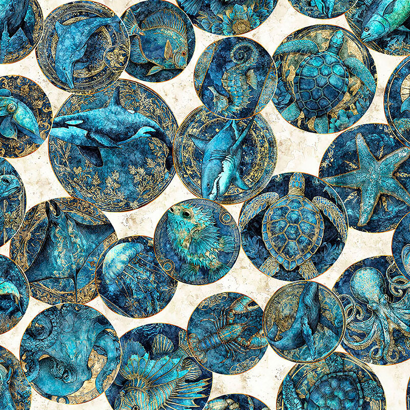 A cream fabric with ornate circles containing ocean life. 