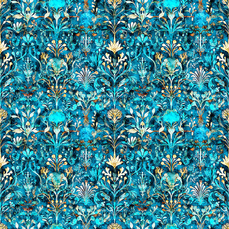 An ocean blue fabric with an abstract damask of coral and seaweed.