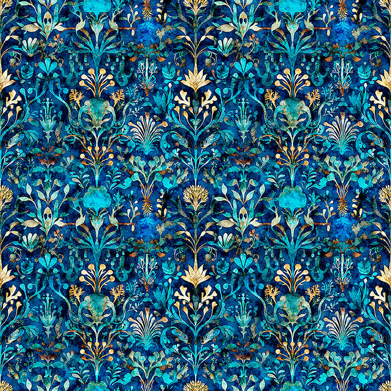 A deep sapphire fabric with an abstract damask of coral and seaweed.