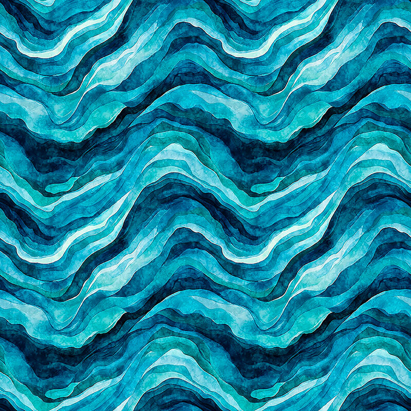 A blue and aqua fabric with abstract waves.
