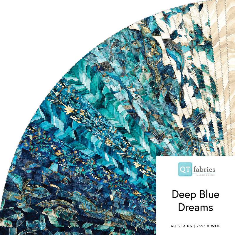 A collage of fabrics featured in the Deep Blue Dreams Jelly Roll by QT Fabrics.