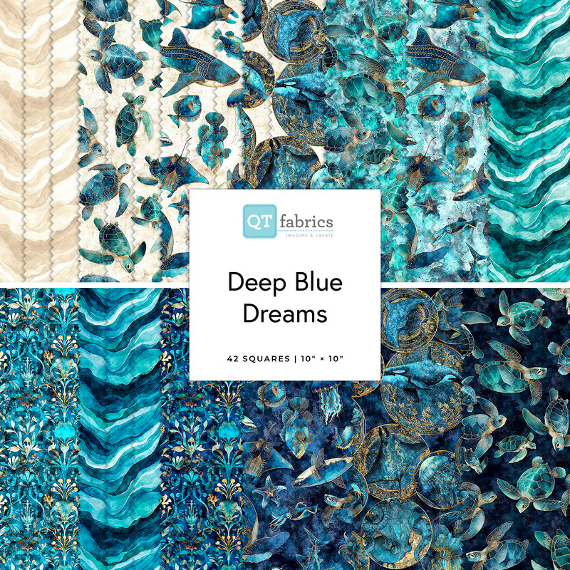 A collage of fabrics featured in the Deep Blue Dreams Layer Cake by QT Fabrics.