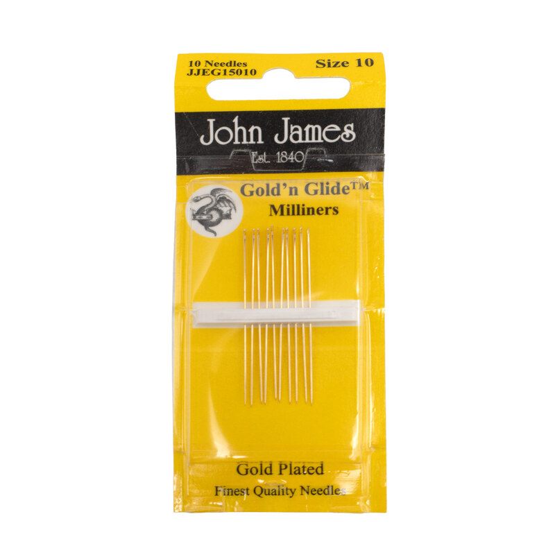 John James Gold'n Glide Millners Needles Size 10 in their yellow packaging isolated on a white background.