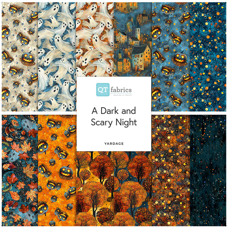 Collage of the available yardage fabrics from the "A Dark and Scary Night" fabric collection.