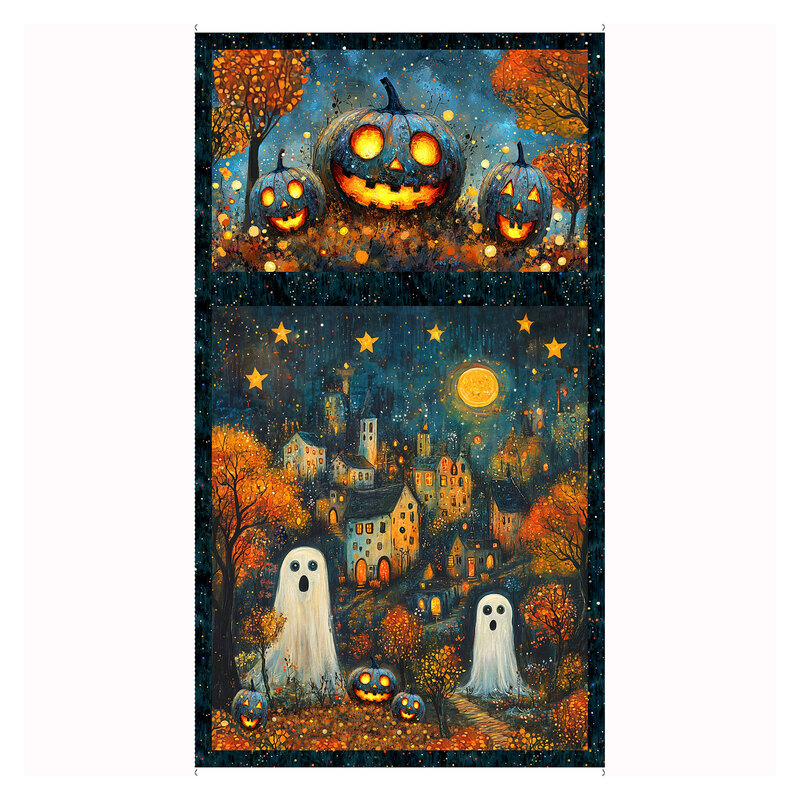 Textured lagoon blue panel fabric with two spooky blocks of bright jack-o'-lanterns in an orange autumnal field and two ghosts in front of a large town.