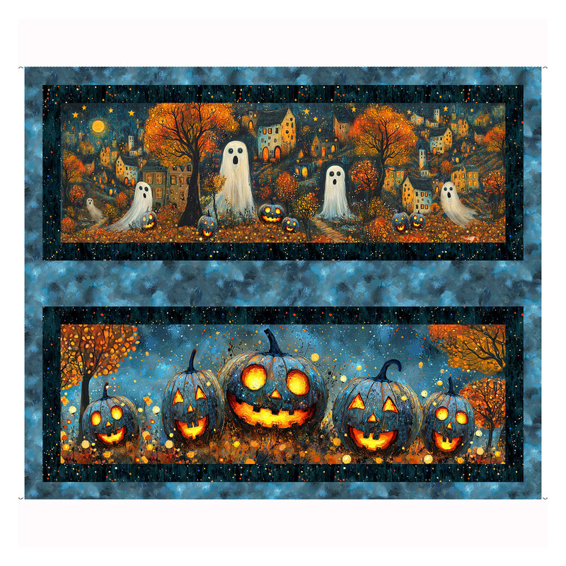 Textured cobalt blue panel fabric with two rectangular blocks of ghosts in front of a haunted village, and jack-o'-lanterns on autumnal leaves.