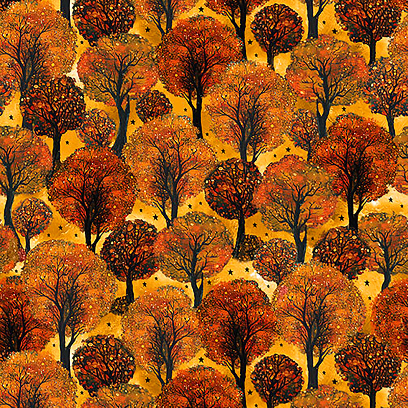 Mottled light orange fabric with a dense pattern of vibrant orange trees with scattered black stars.