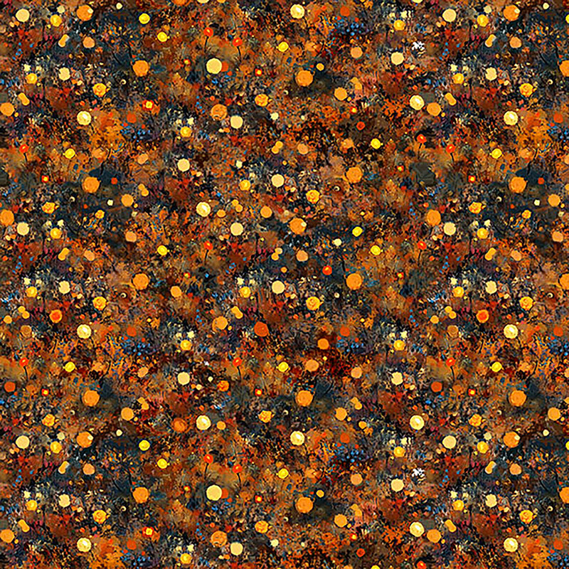 Textured orange fabric with a variety of blue, red, and yellow scratches, dots, and blotches.