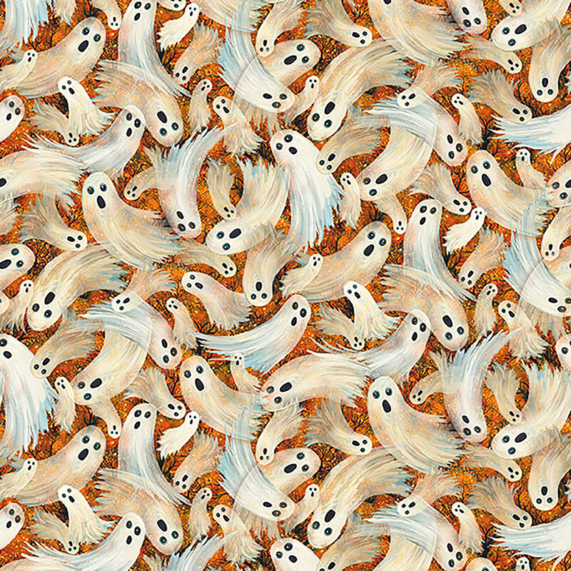 Textured burnt orange fabric with a dense pattern of swirling white and cream colored ghosts.