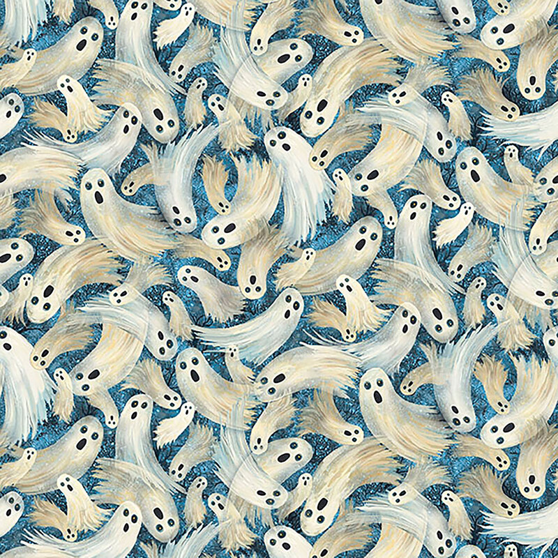Textured cobalt blue fabric with a dense pattern of swirling white and cream colored ghosts.