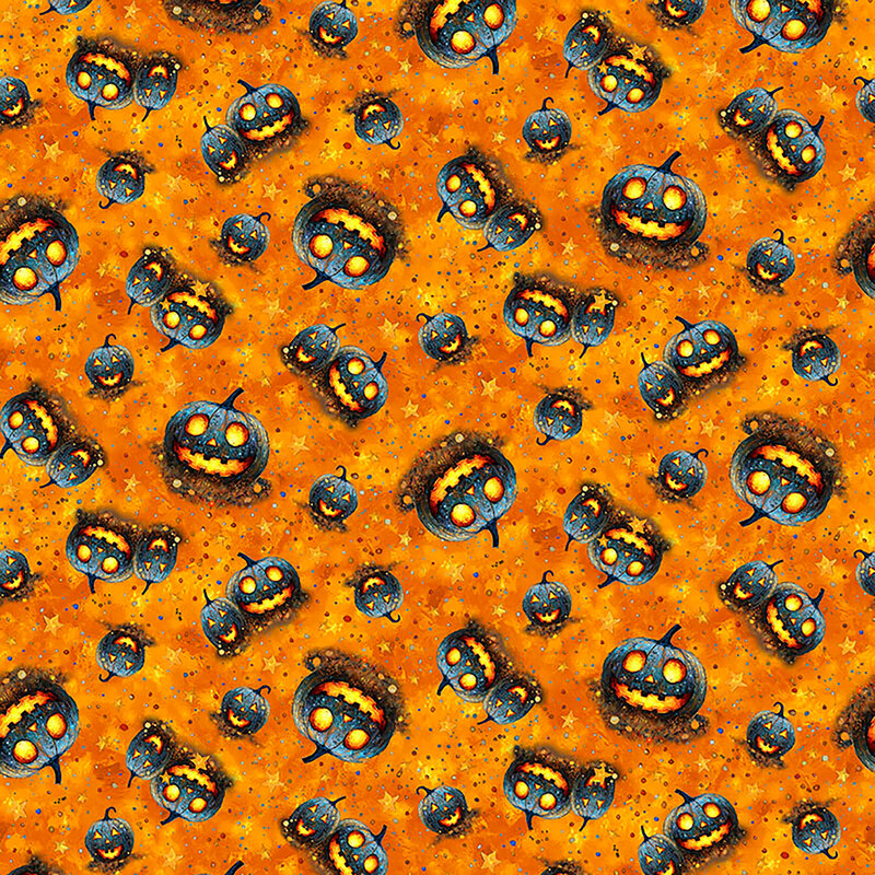 Mottled pumpkin orange fabric with a tossed pattern of dots, stars, and jack-o'-lanterns.