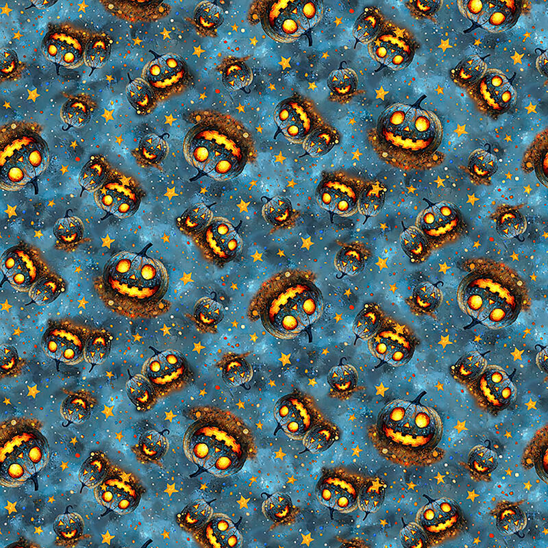 Mottled cerulean fabric with a tossed pattern of dots, stars, and jack-o'-lanterns.