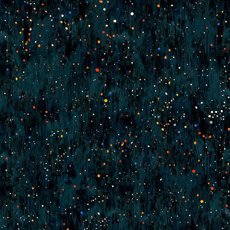 Textured deep lagoon blue fabric with a variety of multicolored dots, with dark teal blue scratches and blotches.
