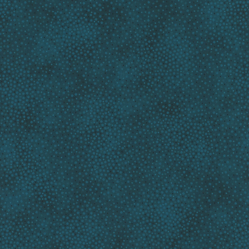 Mottled fabric with a medley of dark blue dots densely packed onto a lagoon blue background.