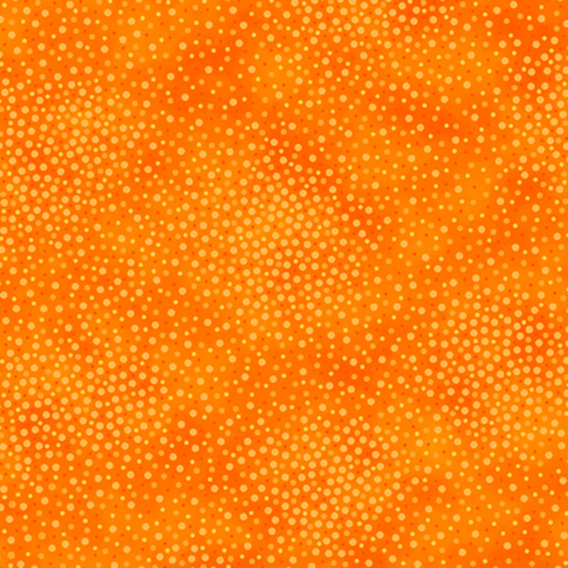 Mottled fabric with a medley of light orange and yellow dots densely packed onto a pumpkin orange background.