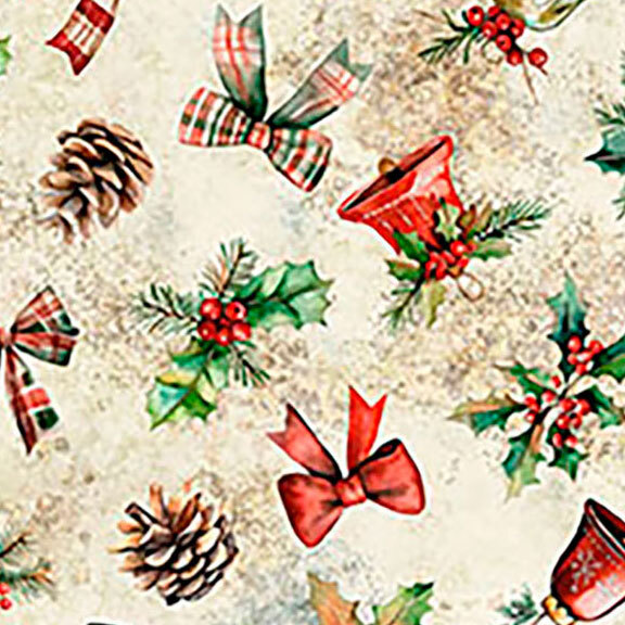 A cream fabric with tossed bells, bows, holly, berries, and pinecones. 