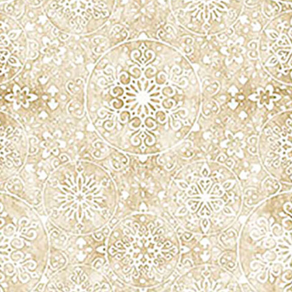 A cream fabric with intricate snowflake medallions. 