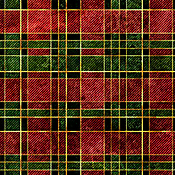 A plaid fabric with red, green, black, and gold accents.
