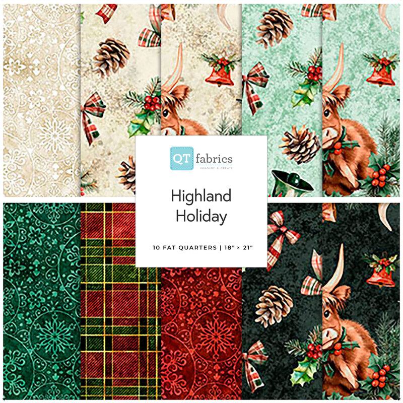 A collage of fabrics featured in the Highland Holiday Fat Quarter Bundle by QT Fabrics.