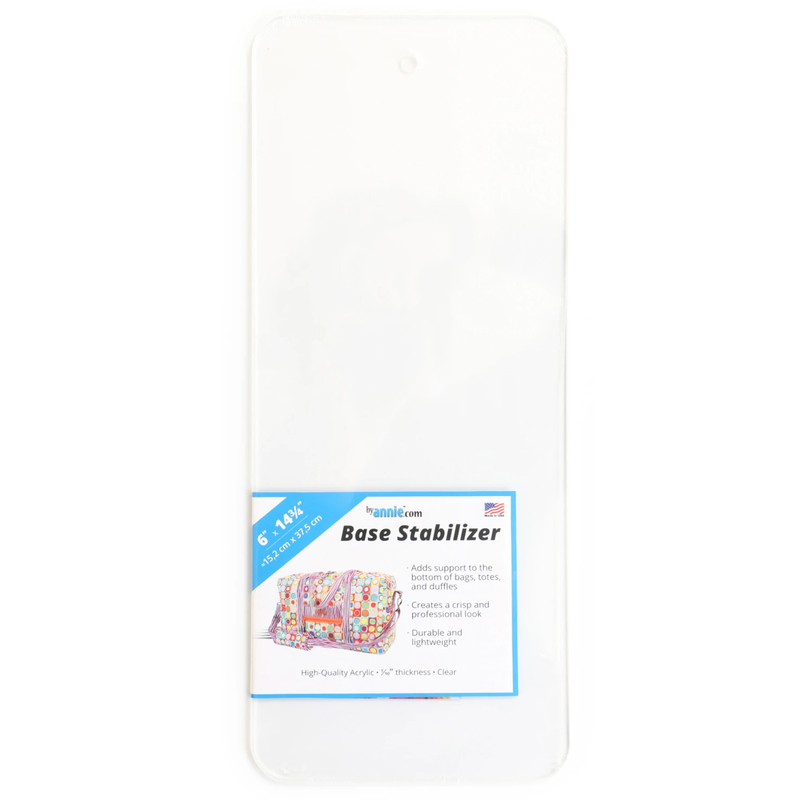 Front of ByAnnie Base Stabilizer 6" x 14¾" clear acrylic bag base insert with product label.