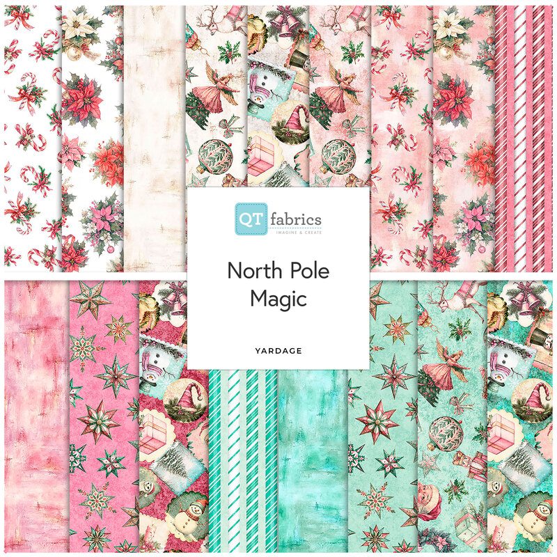 Digital collage of the available yardage fabrics from the North Pole Magic fabric collection.