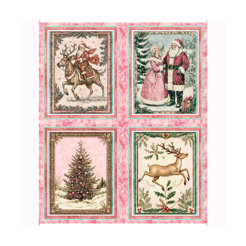 Mottled pink panel fabric with four panels of festive motifs like Santa Claus riding a reindeer, Santa and Mrs. Claus in a wintry scene, a Christmas tree, and a reindeer next to mistletoe.