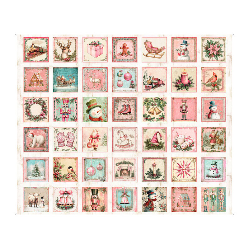 Mottled cream panel with dozens of festive blocks full of Christmas motifs like nutcrackers, snowmen, reindeer, Santa Claus, gingerbread houses, and more.