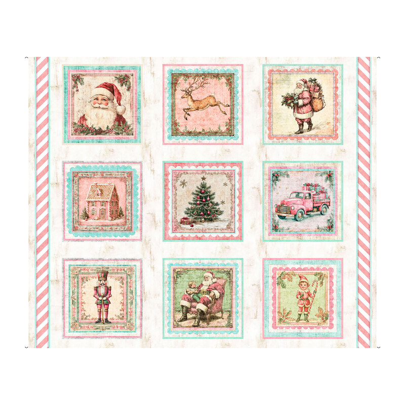 Mottled cream panel fabric with nine blocks of Christmas motifs like Santa Claus, a Christmas tree, elves, and more.