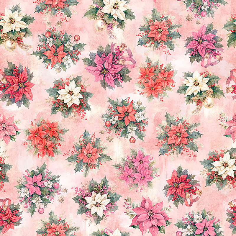Mottled pink fabric with bunches of poinsettias, leaves, berries, ornaments, and ribbons.