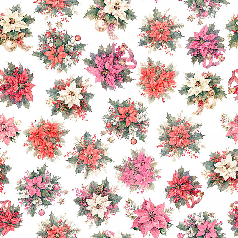 Mottled pink fabric with bunches of poinsettias, leaves, berries, ornaments, and ribbons.