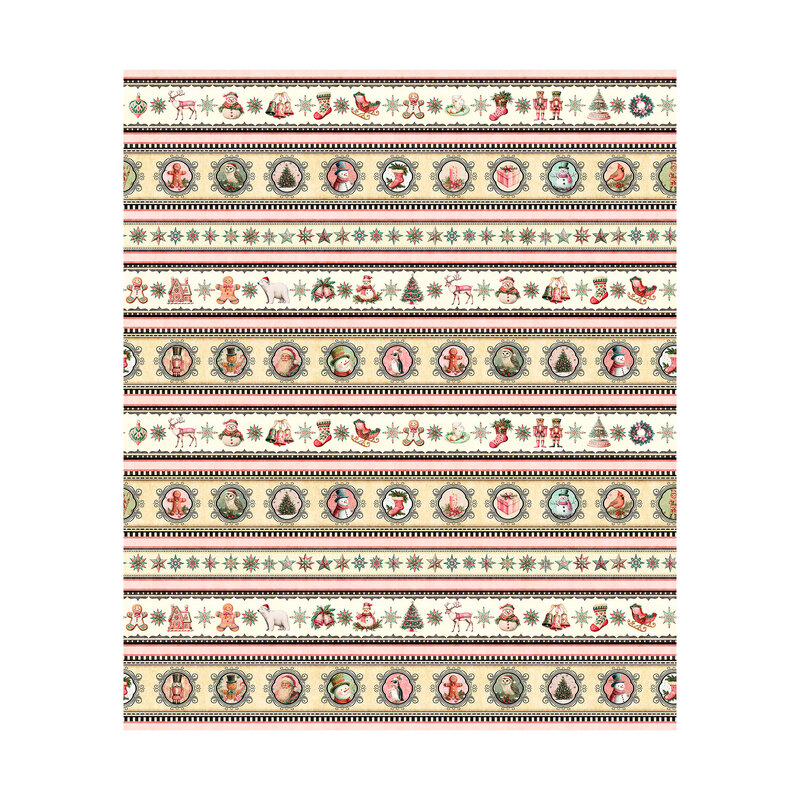Border stripe with Christmas motifs like stars, reindeer, snowmen, stockings, sleighs, gingerbread men, and more.