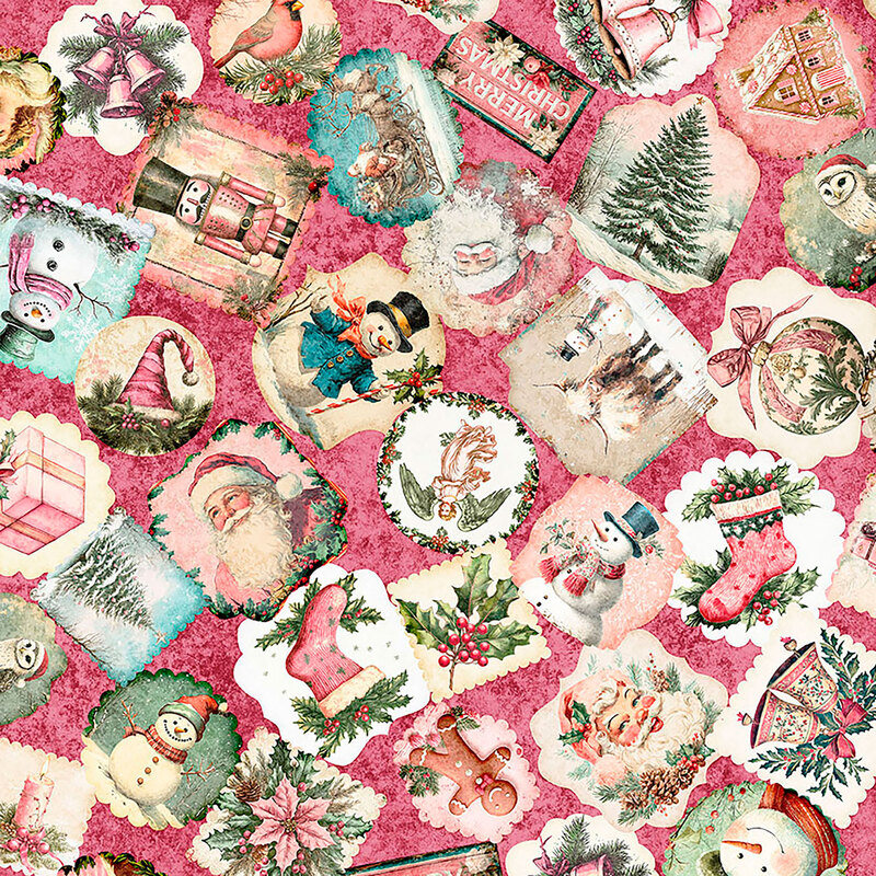 Mottled hot pink fabric with a tossed pattern of festive stamp designs ranging from Santa Claus and snowmen to gingerbread men and owls wearing stocking caps.