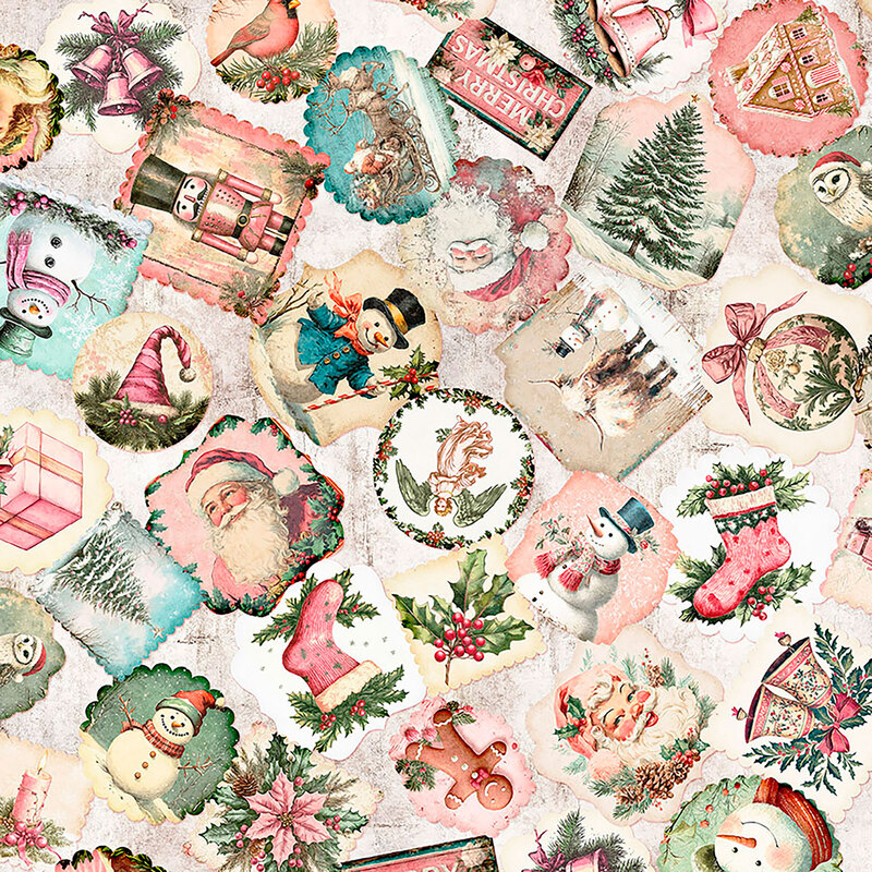 Mottled cream fabric with a tossed pattern of festive stamp designs ranging from Santa Claus and snowmen to gingerbread men and owls wearing stocking caps.