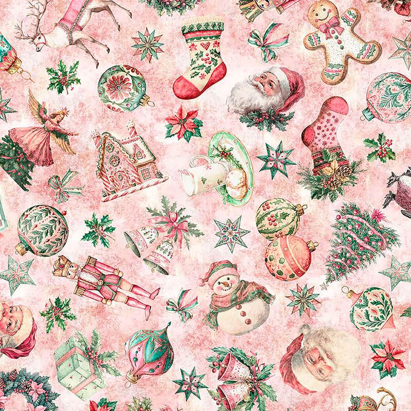 Mottled pink fabric with a tossed design of festive motifs like snowmen, Santa Claus, stars, ribbons, and more.