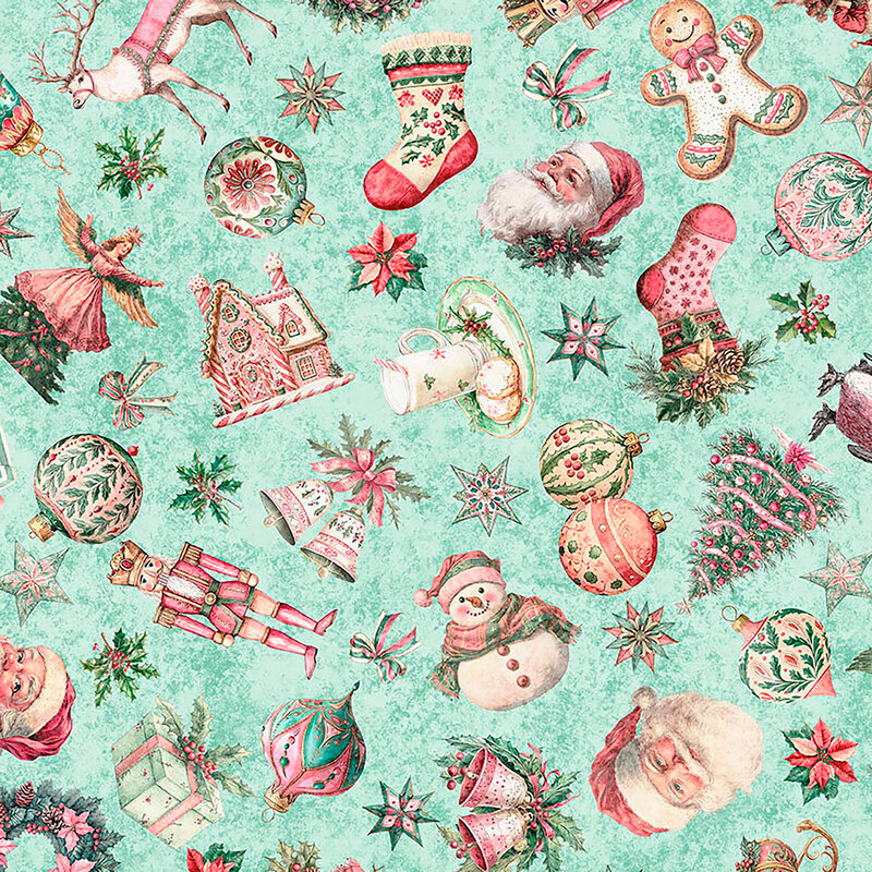 Mottled turquoise fabric with a tossed design of festive motifs like snowmen, Santa Claus, stars, ribbons, and more.