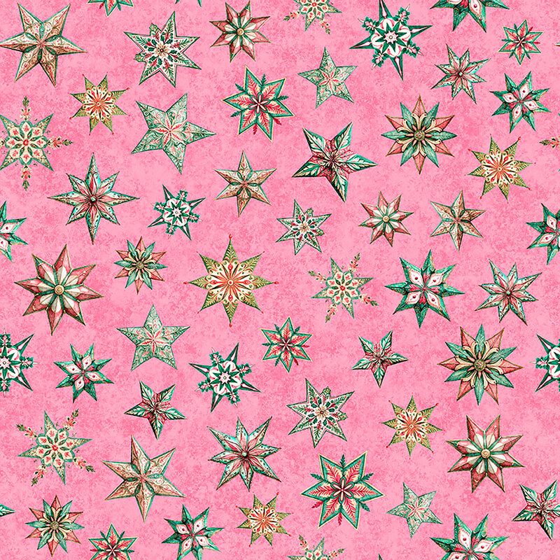 Mottled rich pink fabric with a wide variety of tossed Christmas tree stars.